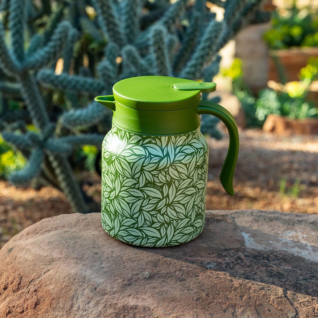 Green Hot Tea Steeper on rock with cactus in background